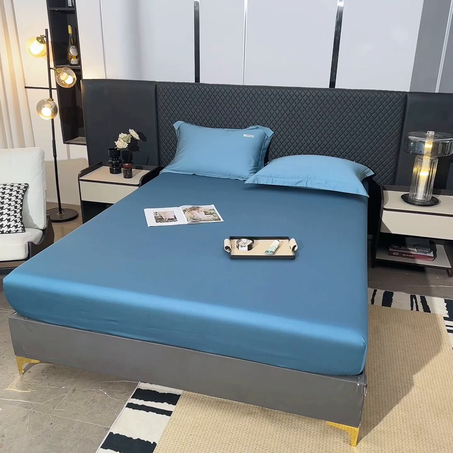 91家纺网 家纺一手货源 找家纺 凯森家纺 高端新疆100支长绒棉床单单件纯棉全棉单双人贡缎加厚被单三件套简约纯色床单床笠 床笠-群青蓝