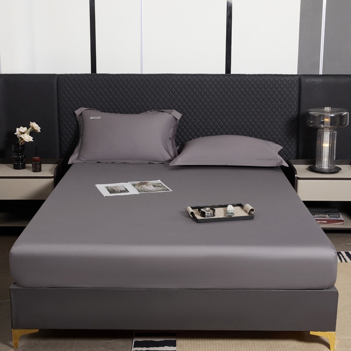 91家纺网 家纺一手货源 找家纺 凯森家纺 高端新疆100支长绒棉床单单件纯棉全棉单双人贡缎加厚被单三件套简约纯色床单床笠 床笠-商务灰