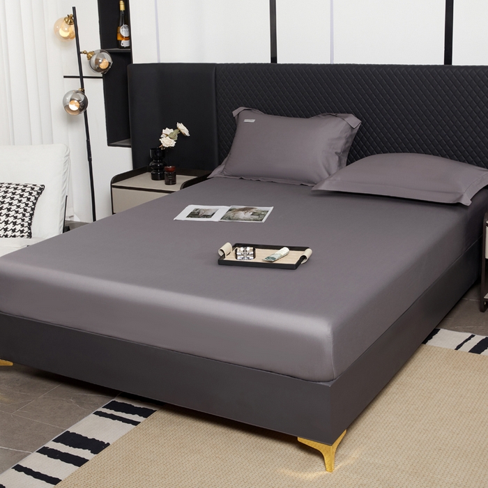 91家纺网 家纺一手货源 找家纺 凯森家纺 高端新疆100支长绒棉床单单件纯棉全棉单双人贡缎加厚被单三件套简约纯色床单床笠 床笠-商务灰