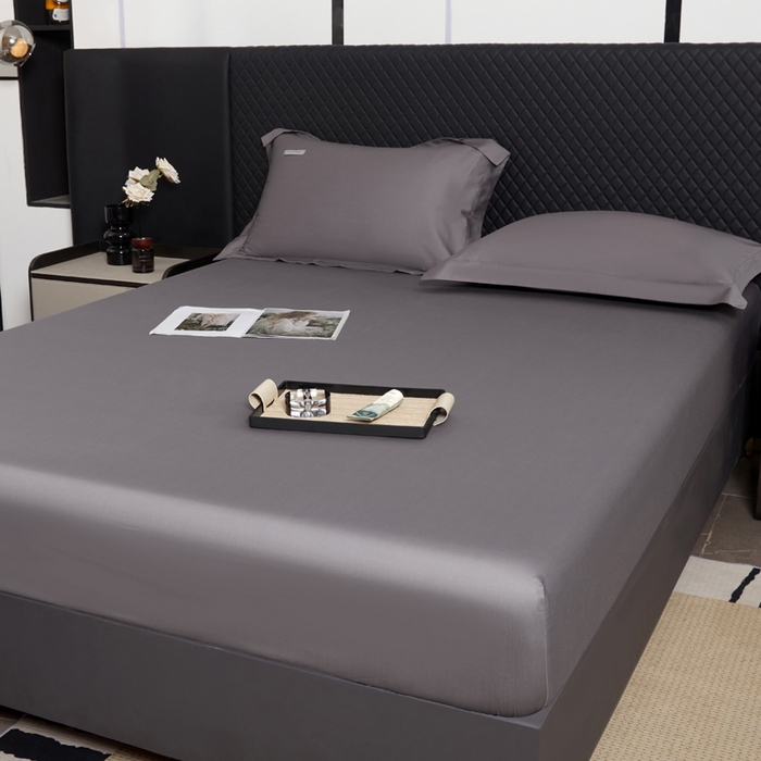 91家纺网 家纺一手货源 找家纺 凯森家纺 高端新疆100支长绒棉床单单件纯棉全棉单双人贡缎加厚被单三件套简约纯色床单床笠 床笠-商务灰