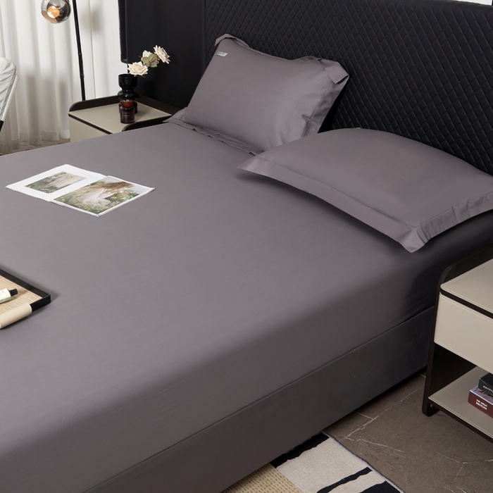 91家纺网 家纺一手货源 找家纺 凯森家纺 高端新疆100支长绒棉床单单件纯棉全棉单双人贡缎加厚被单三件套简约纯色床单床笠 床笠-商务灰