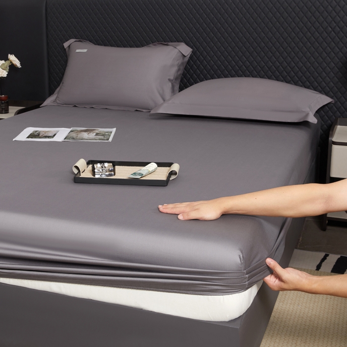 91家纺网 家纺一手货源 找家纺 凯森家纺 高端新疆100支长绒棉床单单件纯棉全棉单双人贡缎加厚被单三件套简约纯色床单床笠 床笠-商务灰