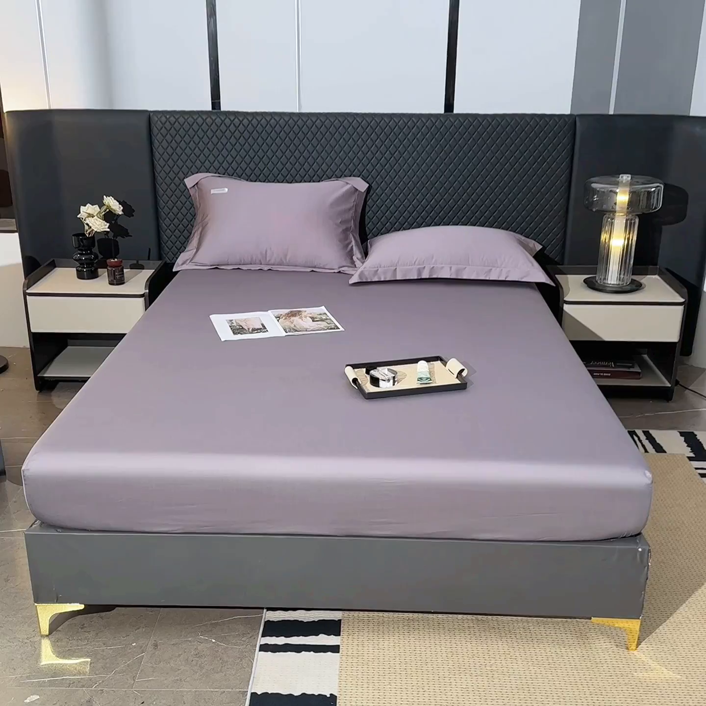 91家纺网 家纺一手货源 找家纺 凯森家纺 高端新疆100支长绒棉床单单件纯棉全棉单双人贡缎加厚被单三件套简约纯色床单床笠 床笠-商务灰