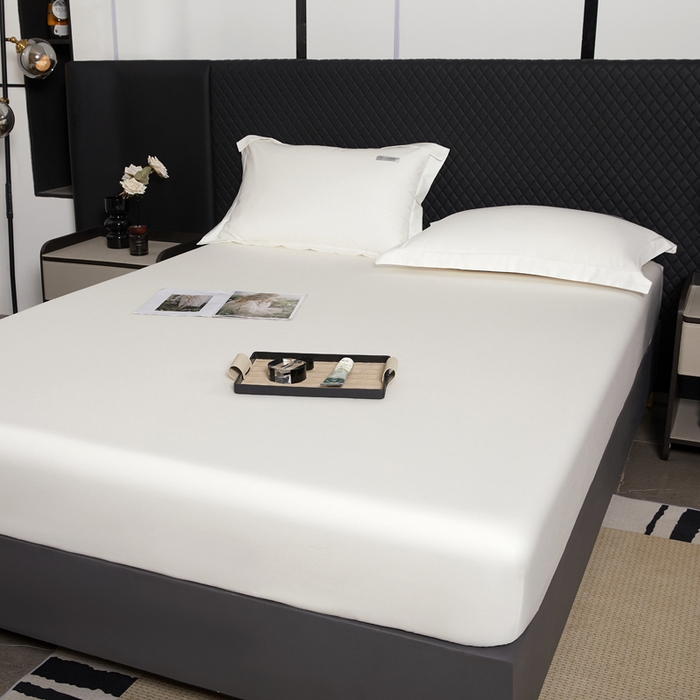 91家纺网 家纺一手货源 找家纺 凯森家纺 高端新疆100支长绒棉床单单件纯棉全棉单双人贡缎加厚被单三件套简约纯色床单床笠 床笠-月光白