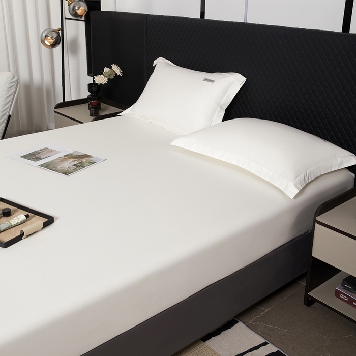 91家纺网 家纺一手货源 找家纺 凯森家纺 高端新疆100支长绒棉床单单件纯棉全棉单双人贡缎加厚被单三件套简约纯色床单床笠 床笠-月光白