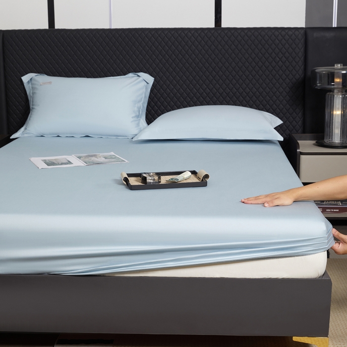 91家纺网 家纺一手货源 找家纺 凯森家纺 高端新疆100支长绒棉床单单件纯棉全棉单双人贡缎加厚被单三件套简约纯色床单床笠 床笠-月光蓝