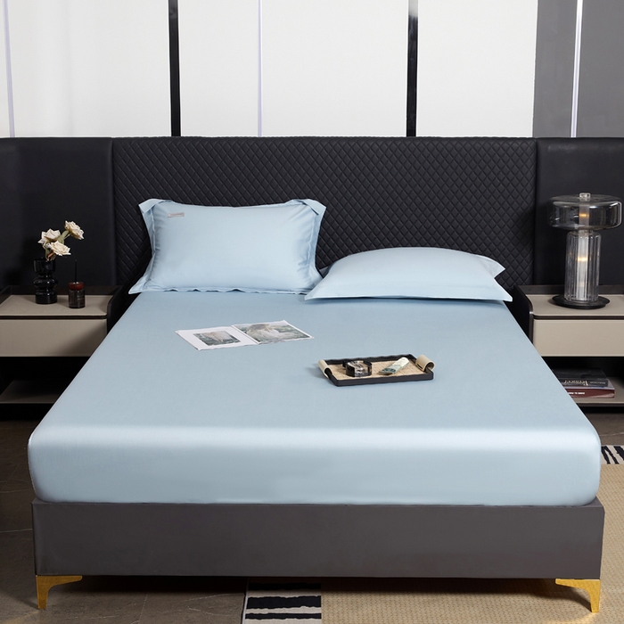 91家纺网 家纺一手货源 找家纺 凯森家纺 高端新疆100支长绒棉床单单件纯棉全棉单双人贡缎加厚被单三件套简约纯色床单床笠 床笠-月光蓝