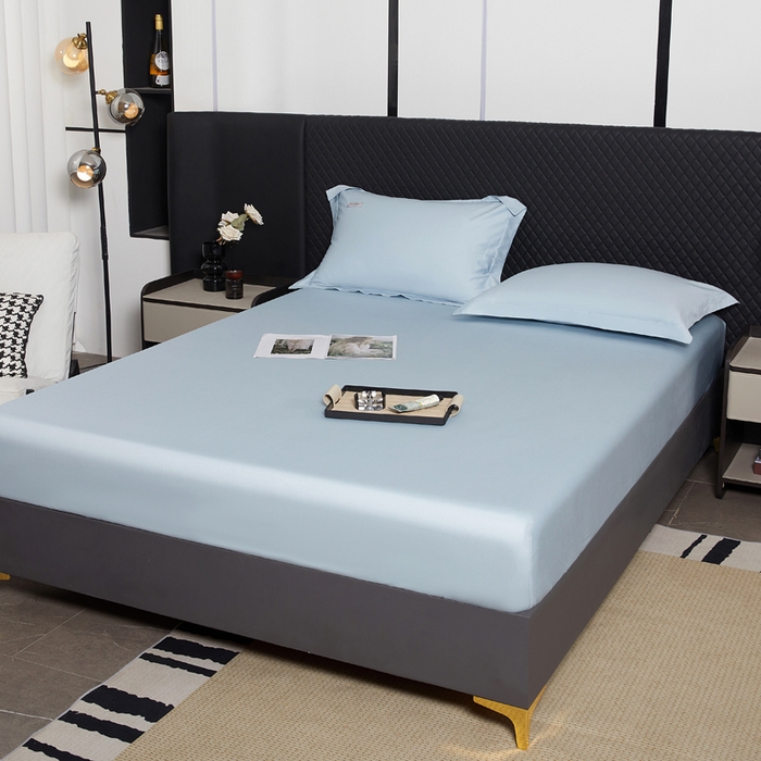 91家纺网 家纺一手货源 找家纺 凯森家纺 高端新疆100支长绒棉床单单件纯棉全棉单双人贡缎加厚被单三件套简约纯色床单床笠 床笠-月光蓝