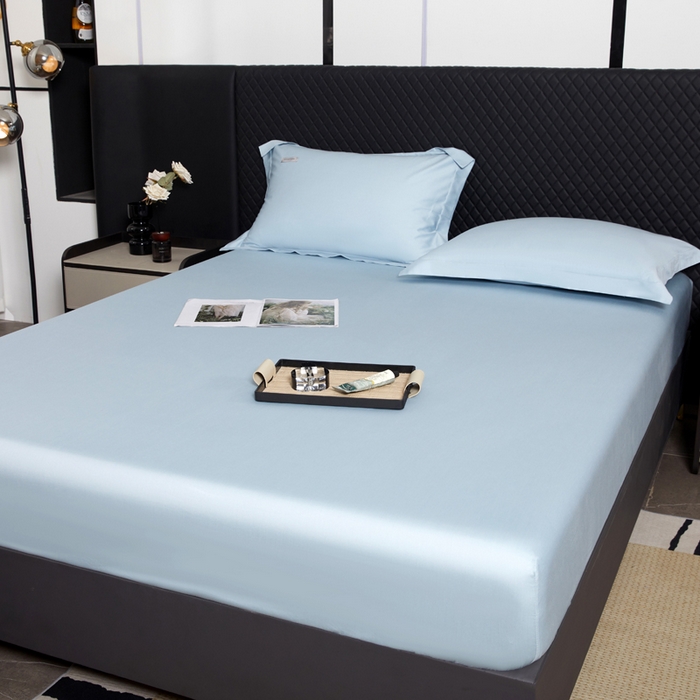 91家纺网 家纺一手货源 找家纺 凯森家纺 高端新疆100支长绒棉床单单件纯棉全棉单双人贡缎加厚被单三件套简约纯色床单床笠 床笠-月光蓝