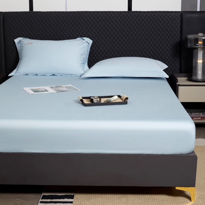 91家纺网 家纺一手货源 找家纺 凯森家纺 高端新疆100支长绒棉床单单件纯棉全棉单双人贡缎加厚被单三件套简约纯色床单床笠 床笠-月光蓝