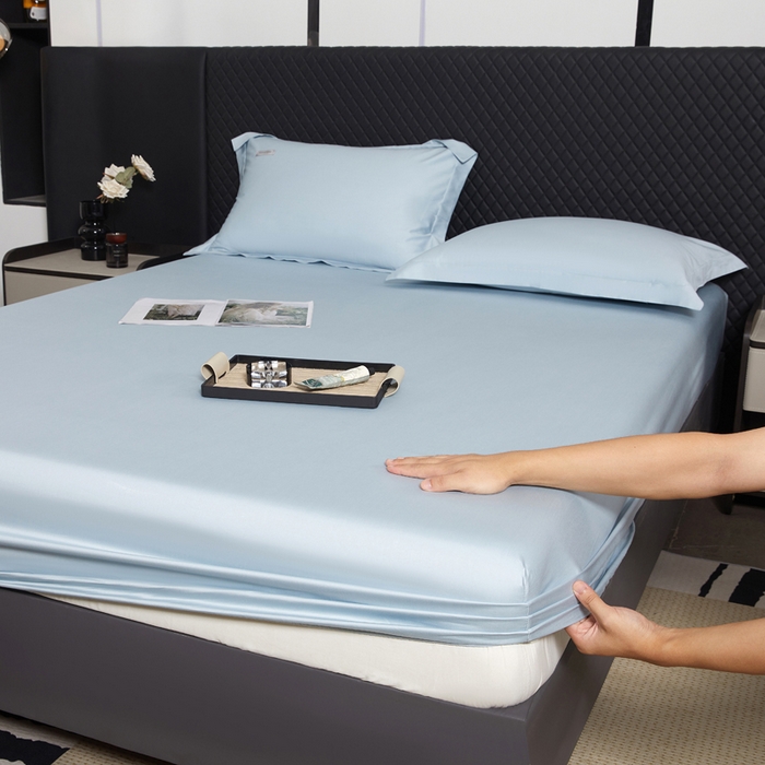 91家纺网 家纺一手货源 找家纺 凯森家纺 高端新疆100支长绒棉床单单件纯棉全棉单双人贡缎加厚被单三件套简约纯色床单床笠 床笠-月光蓝