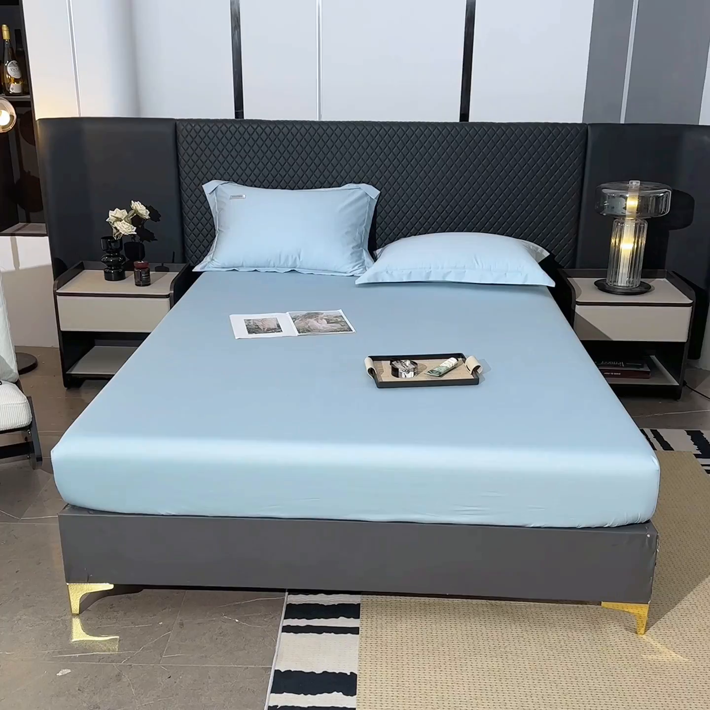 91家纺网 家纺一手货源 找家纺 凯森家纺 高端新疆100支长绒棉床单单件纯棉全棉单双人贡缎加厚被单三件套简约纯色床单床笠 床笠-月光蓝