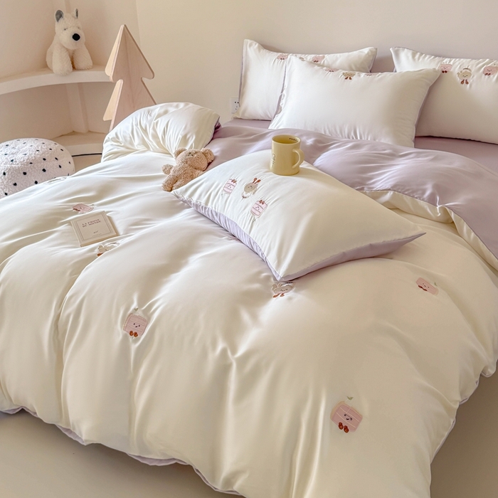 91家纺网 家纺一手货源 找家纺 蜜柚 2025新品60S奥地利兰精天丝小元素刺绣三件套四件套 三明治茶杯-紫