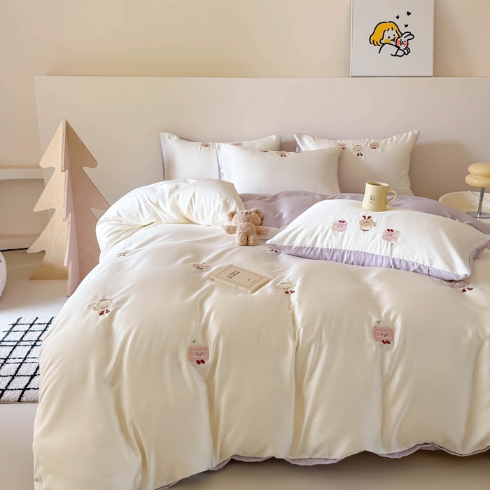 91家纺网 家纺一手货源 找家纺 蜜柚 2025新品60S奥地利兰精天丝小元素刺绣三件套四件套 三明治茶杯-紫