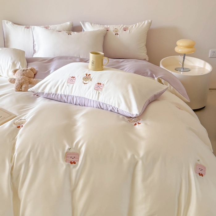 91家纺网 家纺一手货源 找家纺 蜜柚 2025新品60S奥地利兰精天丝小元素刺绣三件套四件套 三明治茶杯-紫