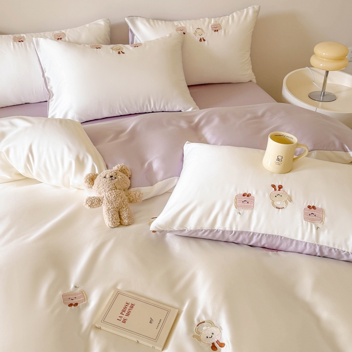 91家纺网 家纺一手货源 找家纺 蜜柚 2025新品60S奥地利兰精天丝小元素刺绣三件套四件套 三明治茶杯-紫