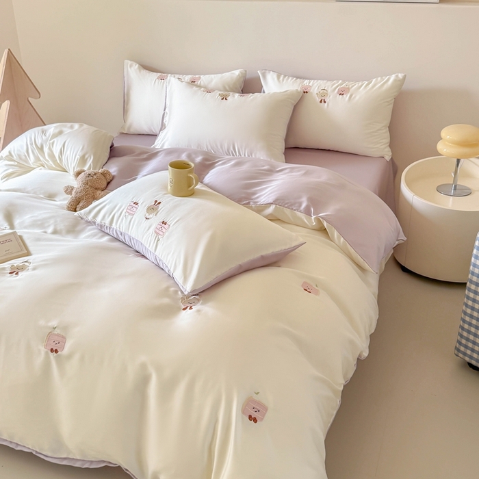 91家纺网 家纺一手货源 找家纺 蜜柚 2025新品60S奥地利兰精天丝小元素刺绣三件套四件套 三明治茶杯-紫