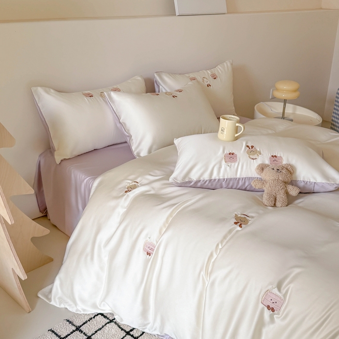 91家纺网 家纺一手货源 找家纺 蜜柚 2025新品60S奥地利兰精天丝小元素刺绣三件套四件套 三明治茶杯-紫