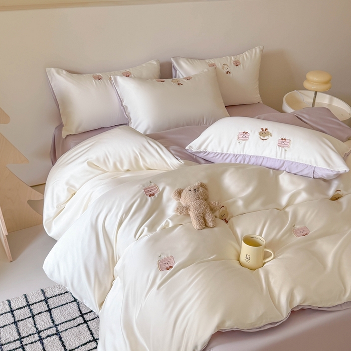 91家纺网 家纺一手货源 找家纺 蜜柚 2025新品60S奥地利兰精天丝小元素刺绣三件套四件套 三明治茶杯-紫