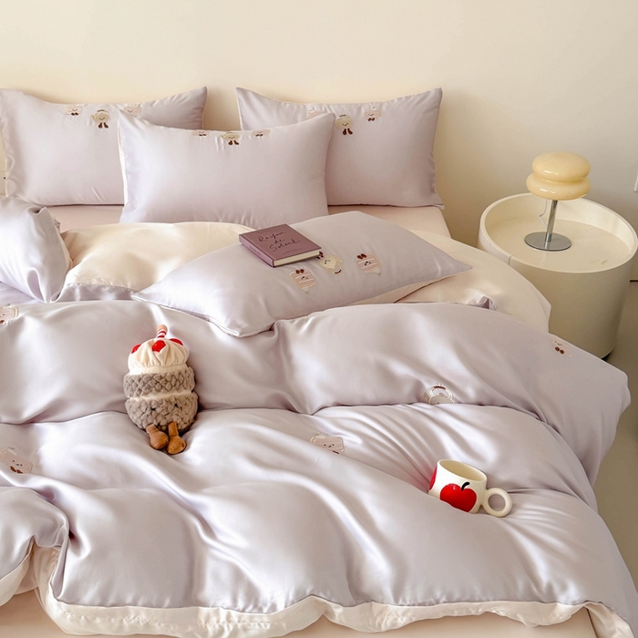 91家纺网 家纺一手货源 找家纺 蜜柚 2025新品60S奥地利兰精天丝小元素刺绣三件套四件套 三明治茶杯-紫粉