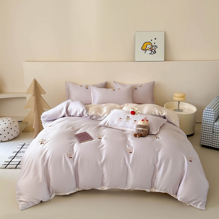 91家纺网 家纺一手货源 找家纺 蜜柚 2025新品60S奥地利兰精天丝小元素刺绣三件套四件套 三明治茶杯-紫粉