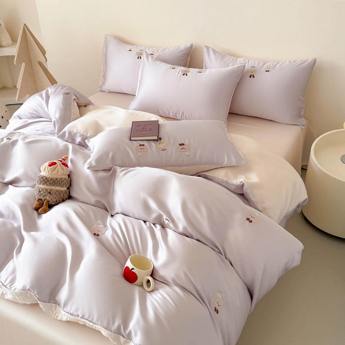 91家纺网 家纺一手货源 找家纺 蜜柚 2025新品60S奥地利兰精天丝小元素刺绣三件套四件套 三明治茶杯-紫粉