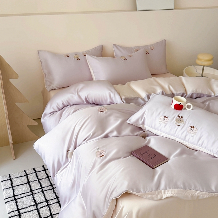 91家纺网 家纺一手货源 找家纺 蜜柚 2025新品60S奥地利兰精天丝小元素刺绣三件套四件套 三明治茶杯-紫粉