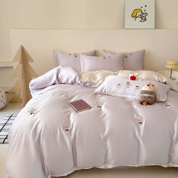 91家纺网 家纺一手货源 找家纺 蜜柚 2025新品60S奥地利兰精天丝小元素刺绣三件套四件套 三明治茶杯-紫粉