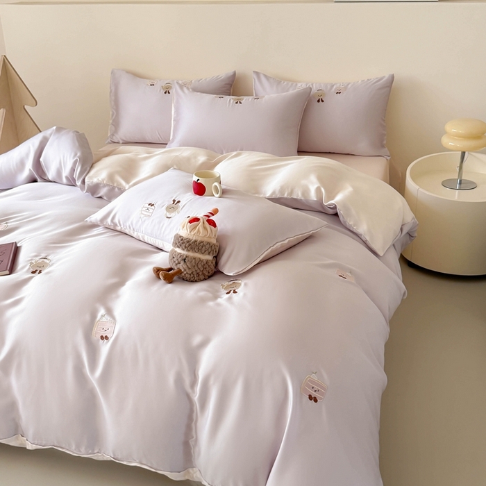 91家纺网 家纺一手货源 找家纺 蜜柚 2025新品60S奥地利兰精天丝小元素刺绣三件套四件套 三明治茶杯-紫粉