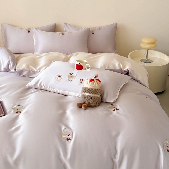 91家纺网 家纺一手货源 找家纺 蜜柚 2025新品60S奥地利兰精天丝小元素刺绣三件套四件套 三明治茶杯-紫粉