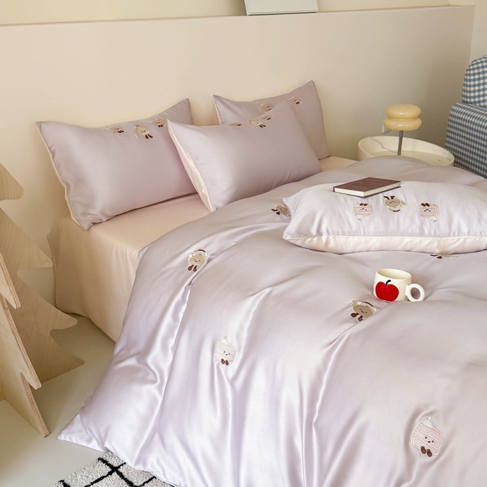 91家纺网 家纺一手货源 找家纺 蜜柚 2025新品60S奥地利兰精天丝小元素刺绣三件套四件套 三明治茶杯-紫粉