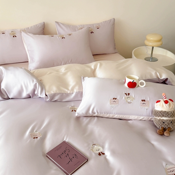 91家纺网 家纺一手货源 找家纺 蜜柚 2025新品60S奥地利兰精天丝小元素刺绣三件套四件套 三明治茶杯-紫粉