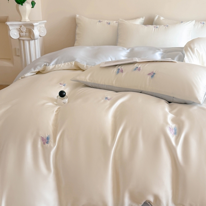 91家纺网 家纺一手货源 找家纺 蜜柚 2025新品60S奥地利兰精天丝小元素刺绣三件套四件套 紫蝴蝶