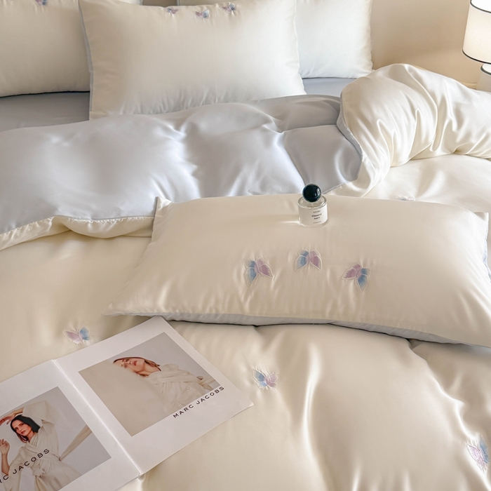 91家纺网 家纺一手货源 找家纺 蜜柚 2025新品60S奥地利兰精天丝小元素刺绣三件套四件套 紫蝴蝶