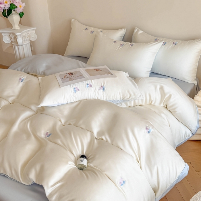 91家纺网 家纺一手货源 找家纺 蜜柚 2025新品60S奥地利兰精天丝小元素刺绣三件套四件套 紫蝴蝶