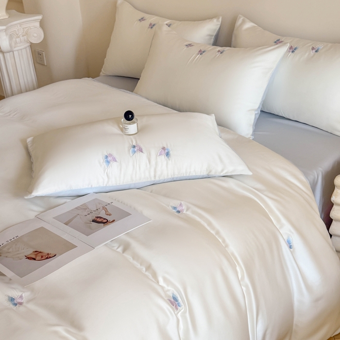 91家纺网 家纺一手货源 找家纺 蜜柚 2025新品60S奥地利兰精天丝小元素刺绣三件套四件套 紫蝴蝶