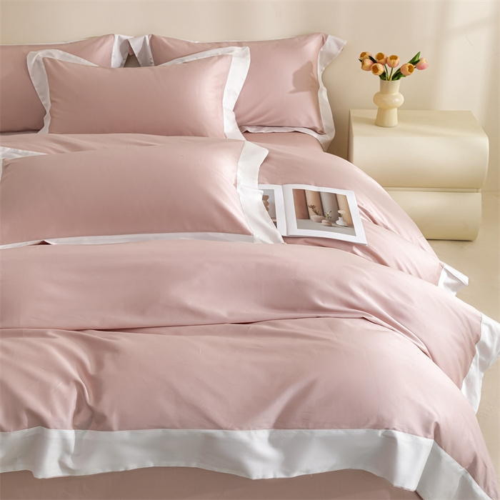 91家纺网 家纺一手货源 找家纺 贝兰仙奴2025新款50双股长绒棉拼边四件套 粉黛