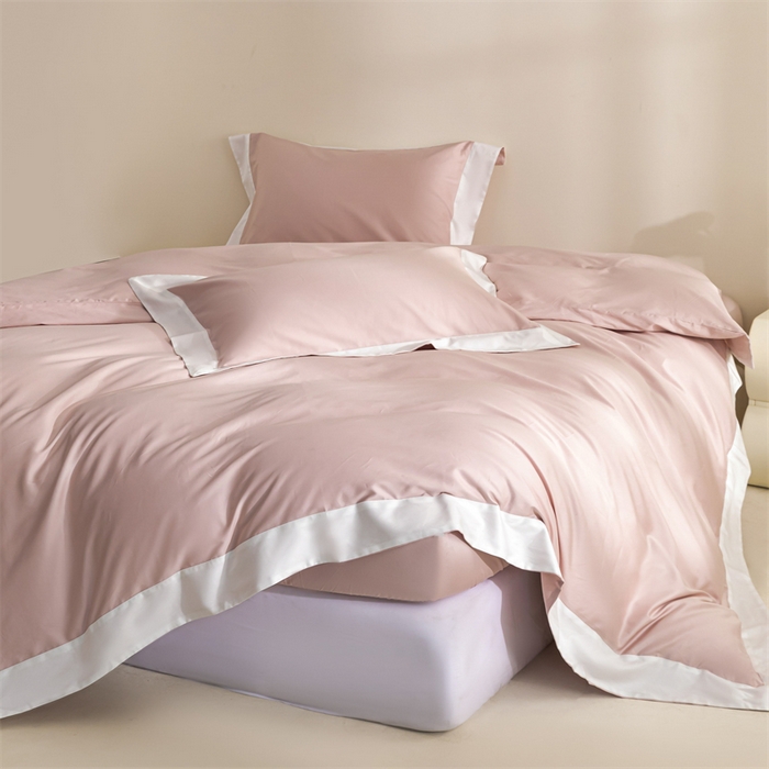 91家纺网 家纺一手货源 找家纺 贝兰仙奴2025新款50双股长绒棉拼边四件套 粉黛