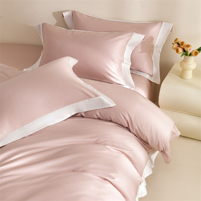 91家纺网 家纺一手货源 找家纺 贝兰仙奴2025新款50双股长绒棉拼边四件套 粉黛