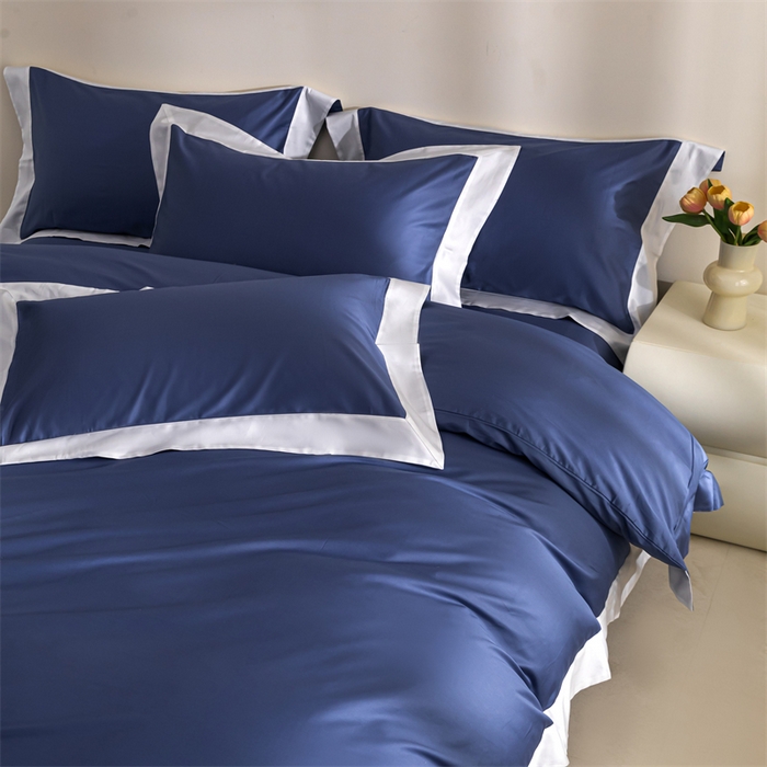 91家纺网 家纺一手货源 找家纺 贝兰仙奴2025新款50双股长绒棉拼边四件套 霁蓝