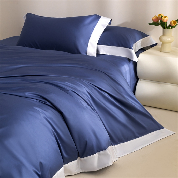 91家纺网 家纺一手货源 找家纺 贝兰仙奴2025新款50双股长绒棉拼边四件套 霁蓝