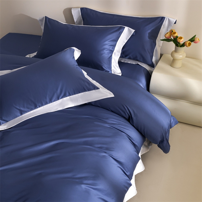 91家纺网 家纺一手货源 找家纺 贝兰仙奴2025新款50双股长绒棉拼边四件套 霁蓝