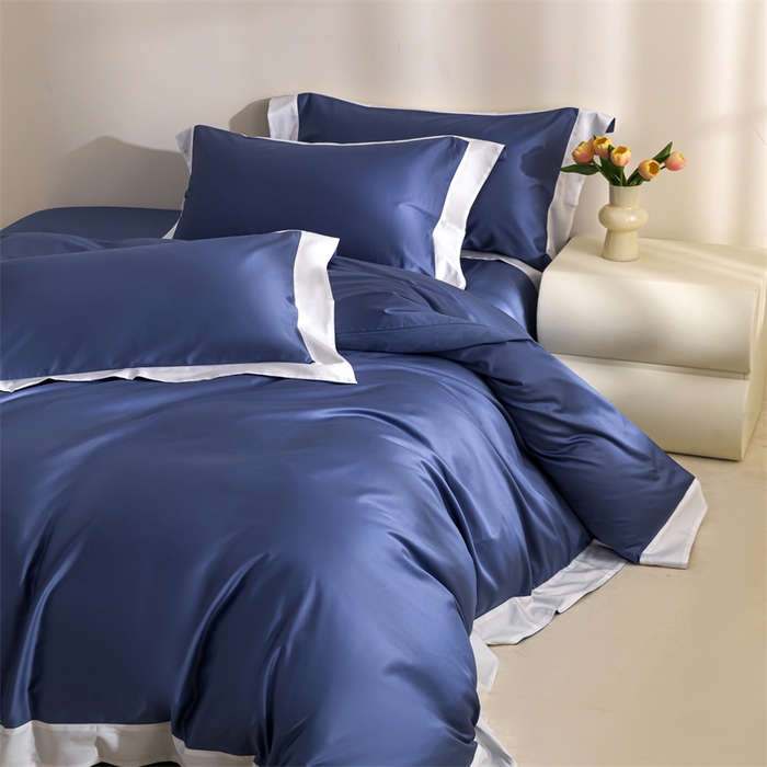 91家纺网 家纺一手货源 找家纺 贝兰仙奴2025新款50双股长绒棉拼边四件套 霁蓝