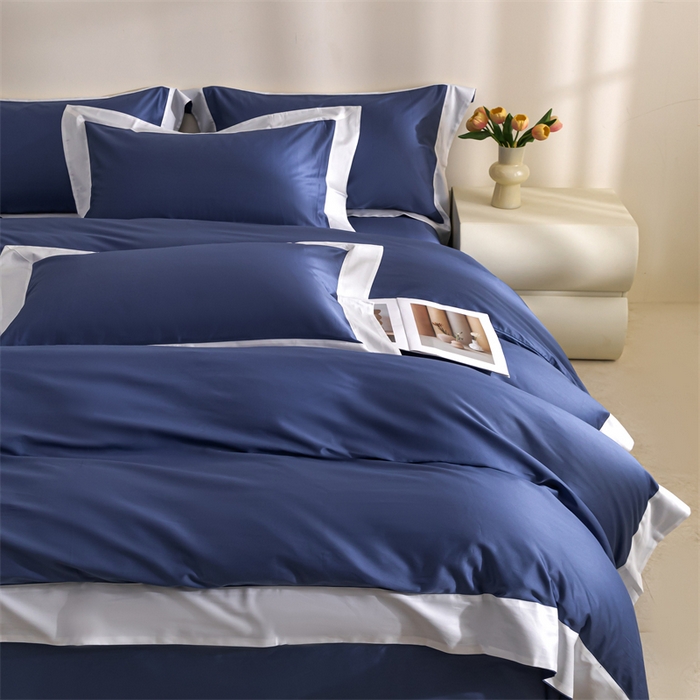 91家纺网 家纺一手货源 找家纺 贝兰仙奴2025新款50双股长绒棉拼边四件套 霁蓝