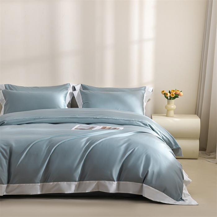 91家纺网 家纺一手货源 找家纺 贝兰仙奴2025新款50双股长绒棉拼边四件套 天青