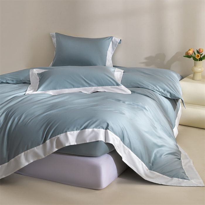 91家纺网 家纺一手货源 找家纺 贝兰仙奴2025新款50双股长绒棉拼边四件套 天青