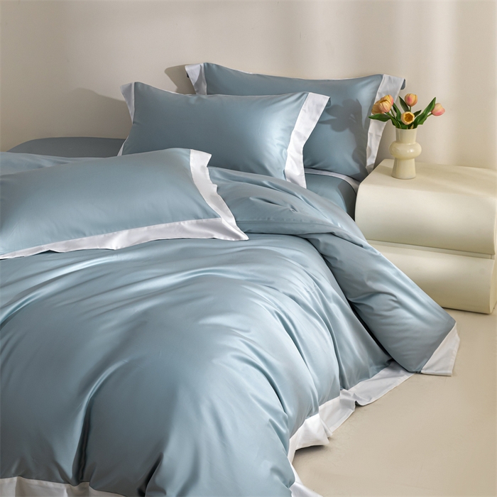 91家纺网 家纺一手货源 找家纺 贝兰仙奴2025新款50双股长绒棉拼边四件套 天青