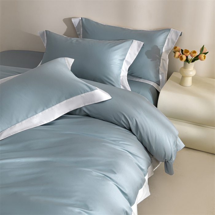 91家纺网 家纺一手货源 找家纺 贝兰仙奴2025新款50双股长绒棉拼边四件套 天青