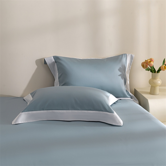 91家纺网 家纺一手货源 找家纺 贝兰仙奴2025新款50双股长绒棉拼边四件套 天青