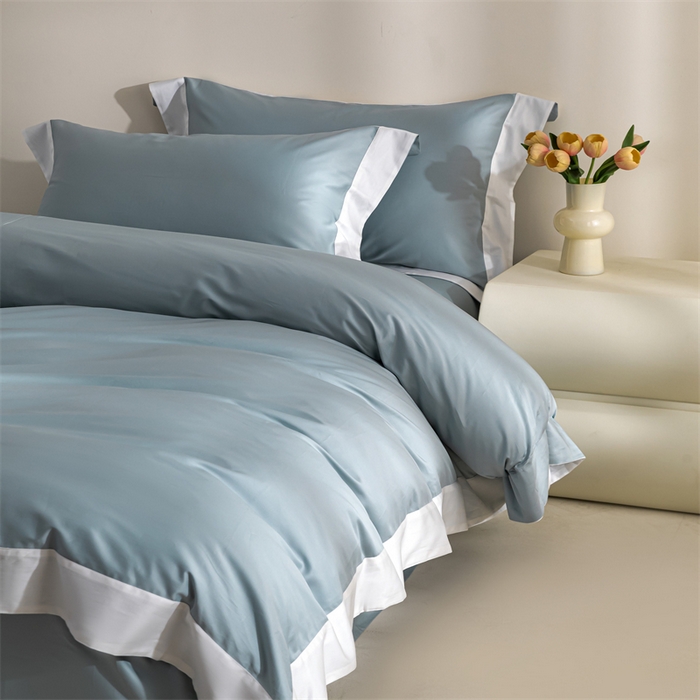 91家纺网 家纺一手货源 找家纺 贝兰仙奴2025新款50双股长绒棉拼边四件套 天青